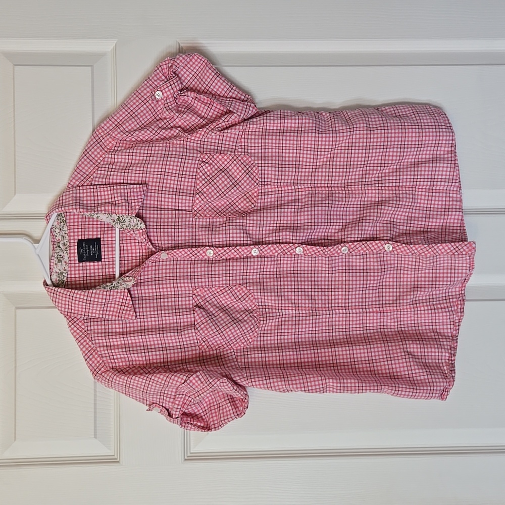 Pink and White Plaid Button Down Short Sleeved Blouse